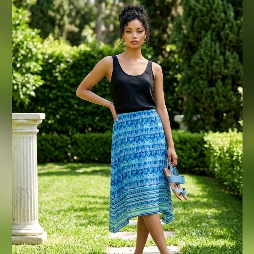 Cato Women's Skirt Turquoise Chiffon Hi-Low Lined Pull-On Midi Colorful Striped
